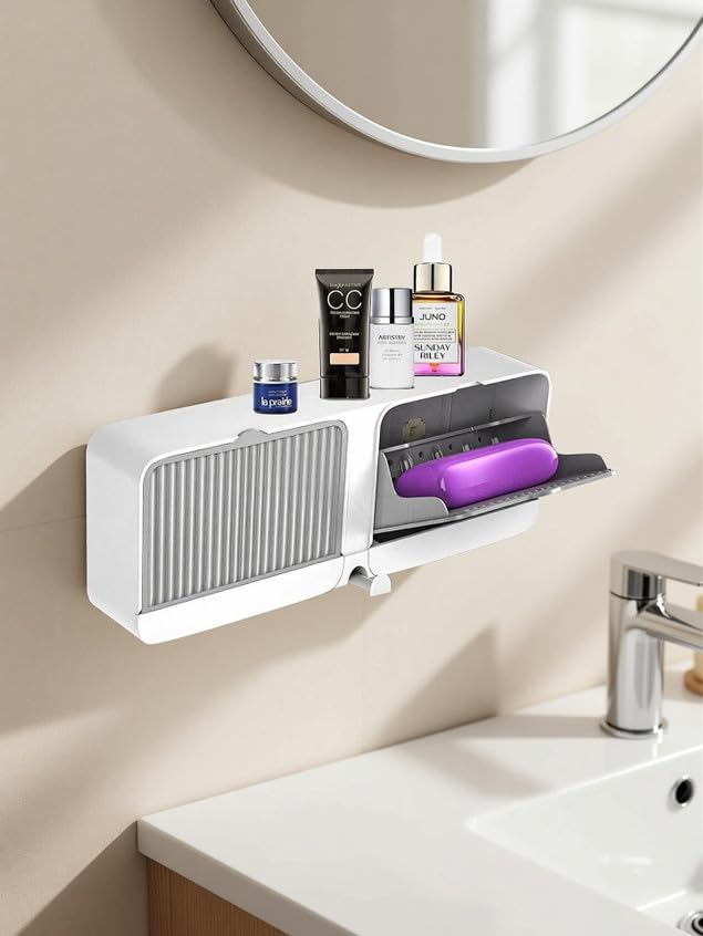 wall-mounted bathroom storage box with flip cover, adhesive, quick drying shelf with hook