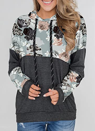 Chiczone Color Block Hoodie For Women Drawstring Pullover Hooded Sweatshirt Long Sleeve Floral Tops Black Flower L #TOP2
