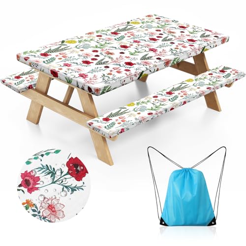Nimalpal Picnic Table Cover with Bench Covers and Bag - Outdoor Camping Accessories Waterproof Camping Tablecloth with Elastic Edges Fitted Rectangle Tables and Seats