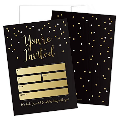 Black and Gold Party Invitations with Envelopes by Hat Acrobat | Perfect
