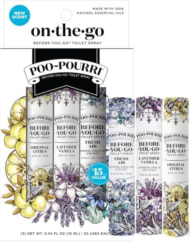 Image of Poo-Pourri Before-You-Go Toilet Spray, Travel Essentials, .34 Fl Oz, In A Pinch Variety 18 Pack, Each Up to 20 Uses, On-The-Go Bathroom Odor Deodorizer with Essential Oils, TSA Approved Size, 3 Scents