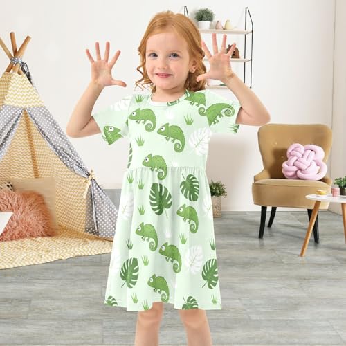 Green Leaf Chameleon Girls Summer Dress Toddler Girl Skater Dresses Short Sleeve Dress for Girls Cute,2T4