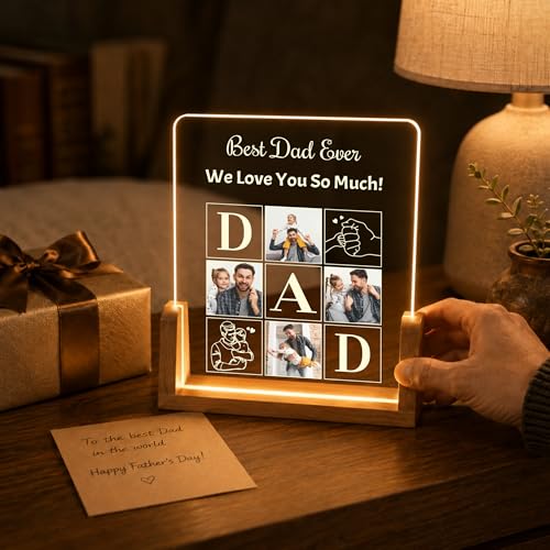 Image of Giftplease Personalized Rectangular Acrylic Wood Photo Frame | Warm LED Light Base Custom 4 Picture Alphabet Block Night Decor for Father Papa Husband | Fathers Day Best Dad Birthday Tabletop
