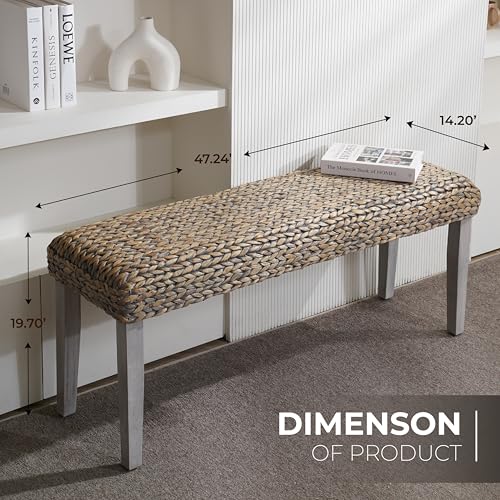 Image of Solid Wood Acacia Indoor Bench with Natural Woven Water Hyacinth Seat, Wood Bench for Living Room or Entryway, Vintage Bench, Fishbone Style, Grey Leg