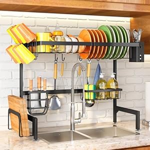 Over The Sink Dish Drying Rack, Adjustable (26.8″ to 34.6″) Large Dish Drainer Drying Rack for Kitchen Counter with Multiple Baskets Utensil Sponge Holder Sink Caddy, 2 Tier (Black)