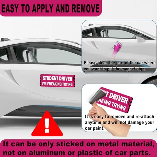 Image of Pink Student Driver Magnet for Car, Cute New Driver Magnetic Vehicle Sign, Reflective Safety Warning Sticker Magnet Sign for Girl, 10 inch x 4 inch (Pink- 2 Pack)