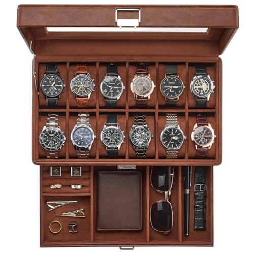 ProCase Estuche para Relojes, Caja Organizadora de 12 Ranuras y 2 Niveles con Tapa de Cristal, Cuero sintético premium, Almohadillas y Forro de Terciopelo, Porta Relojes para Hombre – Marrón