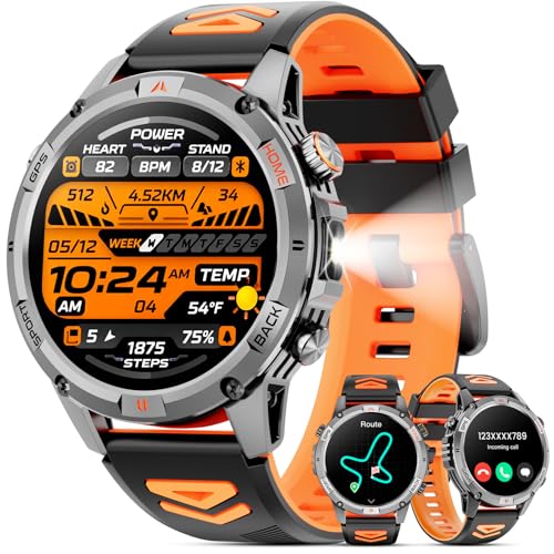 Reloj inteligente militar (contestar/hacer llamadas), reloj inteligente GPS para hombres con brújula linterna LED, reloj de seguimiento de fitness HD de 1.45 pulgadas con más de 100 modos deportivos