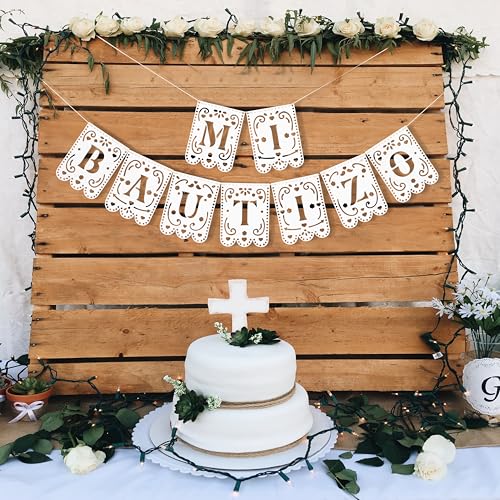 Mi Bautizo Banner - God Bless Communion Party Decorations First Holy Communion Hanging Banner Latin Vibes White Papel Picado Garland Photo Props Religious Baptism Party Supplies