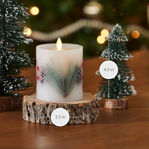 Image of Luminara Embedded Flameless LED Candle - Pine Berries 3.5 inch x 4.5 inch - Moving Flame Pillar, Battery Operated Timer, Real Wax, Unscented, Safe