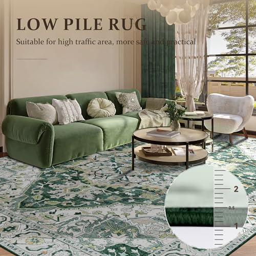 Deerly Green Large Washable Living Room Rugs 9x12 Boho Vintage Area Rug Indoor Bedroom Carpet with Non Slip Rubber Backing for Under Dining Table Office Farmhouse, Green/Multi