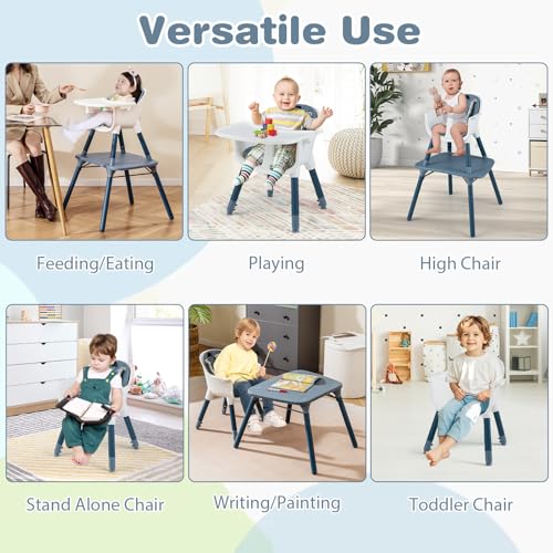 Image of HONEY JOY 5-in-1 High Chair, Convertible Highchair for Babies and Toddlers /Kids Chair Table Set /Infant Feeding Chair w /Safety Harness, PU Leather Cushion & Removable Food Tray (Blue)