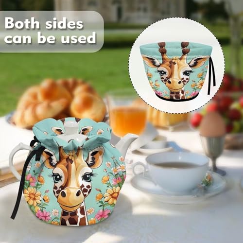 Image of Insulated Tea Cosy for Small Teapot Cartoon Giraffe Tea Pot Dust Cover Keep Warm Tea Cozy Knitted Kitchen Kettle Cloth Cover with Adjustable Drawstring