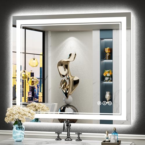 Image of 32x36 LED Bathroom Mirror with Lights, Backlit and Front Lit Anti-Fog Lighted Vanity Mirrors for Bathroom Wall, Dimmable, 3-Color Light, Memory, Shatter-Proof, HD Tempered Glass, CRI>90