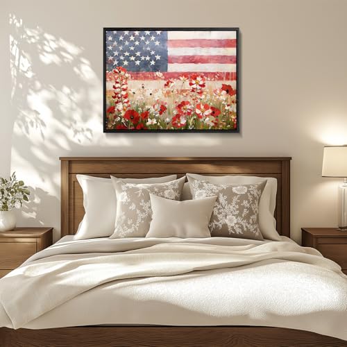 Image of American Flag Framed Canvas Wall Art, 4th of July Floral Canvas Prints, Wildflower Meadow Landscape Patriotic Decorations, Vintage Rustic Independence Day Wall Decor for Bedroom Living Room 24x32