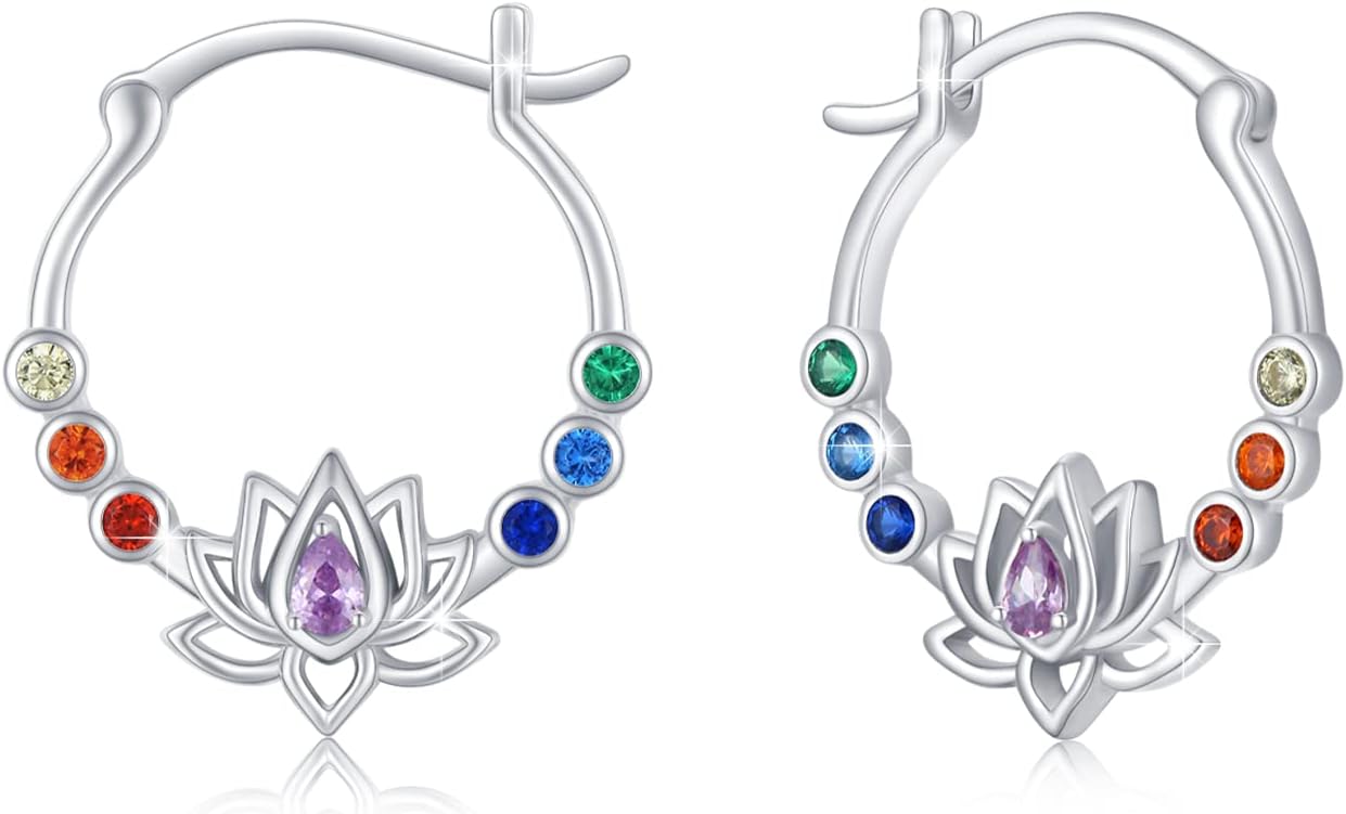 Rainbow Chakra Earrings Sterling Silver Lotus Flower Earrings Rainbow Hoop Earrings Colorful Earrings Chakra Jewlery for Women Christmas Jewelry Gifts