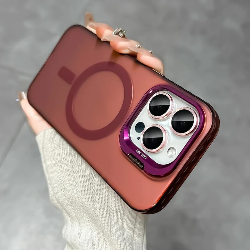 LuxuryKase Mag-Safe Shockproof Gradient Matte Case for iPhone 16 Pro | Metal Camera Lens Protector & Kickstand | Slim & Edge Protective Cover – Red
