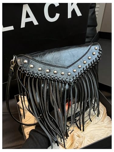 MakeMeChic Women's Faux Leather Crossbody Bags Flap Fringe Rivet Y2K Clutch Handbag2