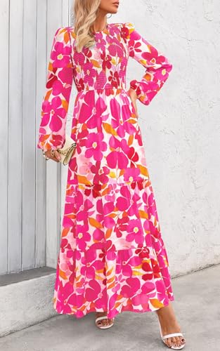 Image of PRETTYGARDEN Women's Fall Dresses 2026 Long Sleeve Flowy Casual Floral Maxi Dress Crew Neck Smocked Tiered Long Dress
