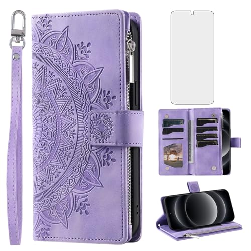 Funda de teléfono para Xiaomi 14 Ultra 5G con protector de pantalla de vidrio templado, correa de muñeca, diseño de mandala, piel con cremallera, tarjetero, ranura para tarjetas de crédito, soporte