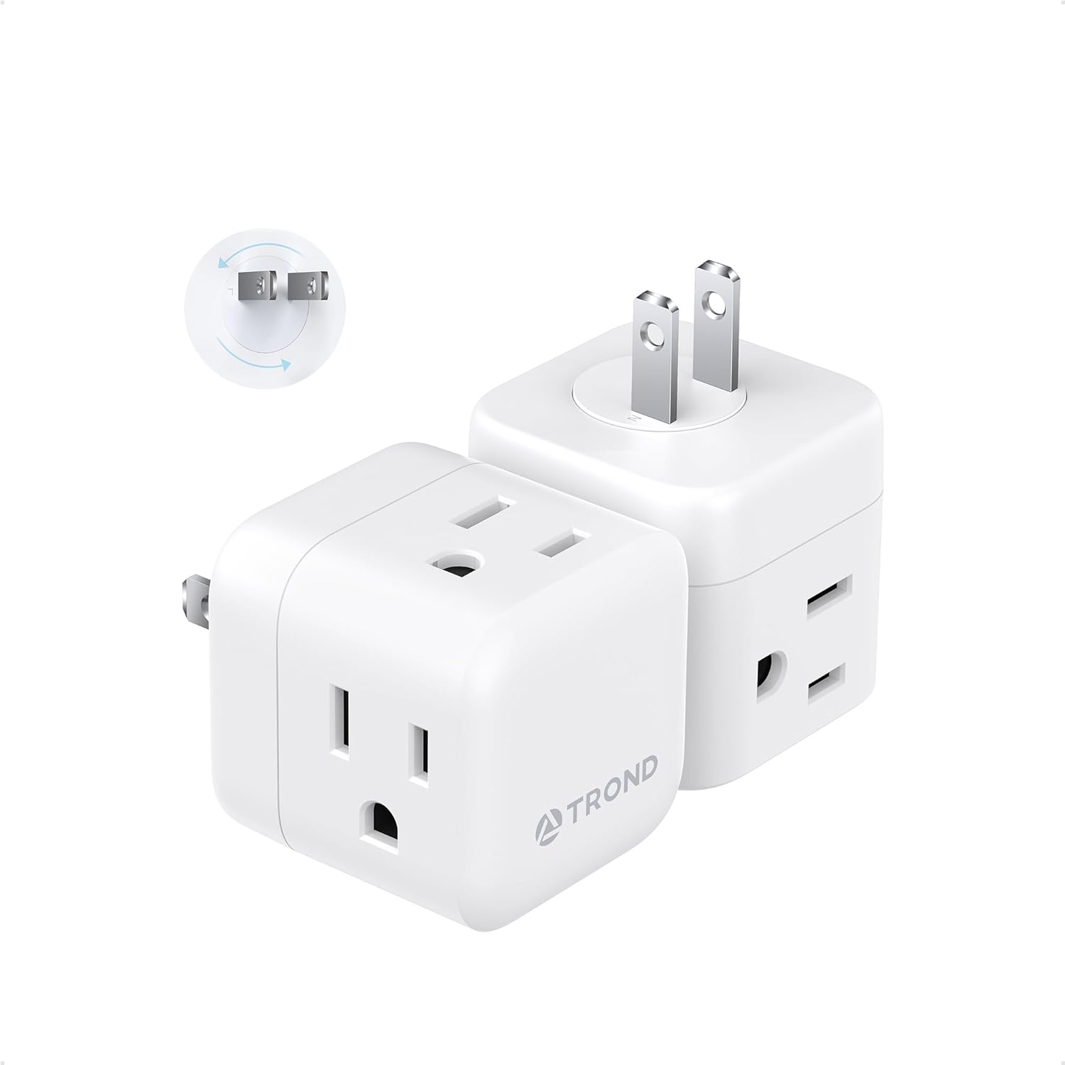 TROND 2 to 3 Prong Outlet Splitter 2 Pack, 3 Way Plug Extender with 360 Rotating Plug, US to Japan Power Adapter for Travel, 3 Prong Adapter for Non-grounded Outlet in Old House 2 Prong-2 Pack White - Image 1 of 7