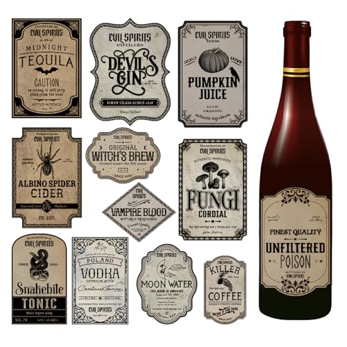 12 Pcs Creepy Halloween Animal Apothecary Wine Bottle Labels Medicine Bottle Label Stickers Apothecary Poison Decals Labels Classic Retro Wine Labels for Halloween Party Favor Photo Props