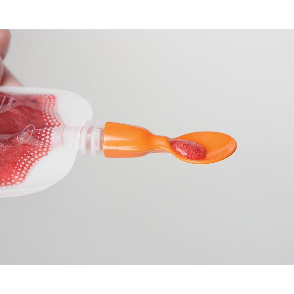 Infantino - Lot de 2 Cuillères Pressoir Bébé à Purée "Fait Maison" + Boite Nomade - Presse Aliments Bébé - Compatible Gourde Squeeze/Poche Alimentaire - Diversification Alimentaire - Lavable