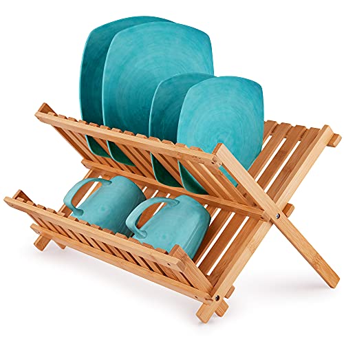 Zulay Kitchen 2-Tier Bamboo Collapsible Dish Drying Rack - Foldable