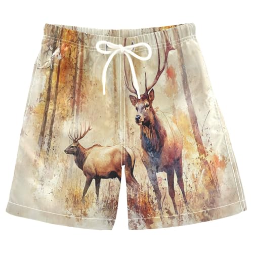 Boys Beach Board Shorts Watercolor Deer Elk Swim Trunk Teen Swimwear 8-16Y Multicolor