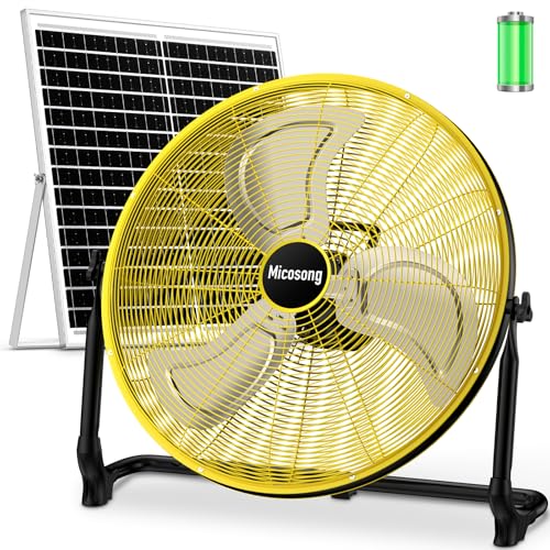 Micosong 20'' Large Solar Fan, Portable Battery Operated Fan, Wireless Camping Fan Outdoor, Rechargeable Solar Powered Floor Fan, 360° Tilt, USB Output, for Home Gazebo Greenhouse Outside Gym