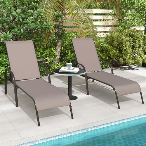 Image of Giantex 2 Pack Patio Lounge Chair, Outdoor Chaise Lounge with 5 Adjustable Backrest, Sturdy Steel Frame, Sunbathing Recliner, Beach Chair, Tanning Chair for Outside, Yard, Balcony, Pool Chairs, Brown