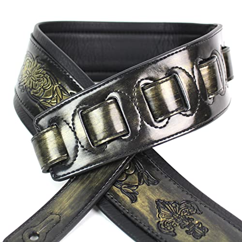 Walker And Williams Gb-24 Brushed Gold Padded Guitar Strap With Fleur De Lis & French Chain Design For Acoustic, Electric, And Bass Guitars #TOP1