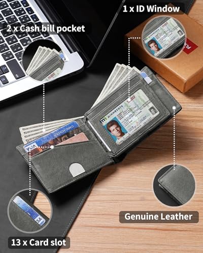 Image of Artpaxy Mens Wallet Bifold Genuine Leather RFID Blocking Wallet for Men with 1 ID Windows 13 Card Holders 2 cash pockets 1 Gift Box