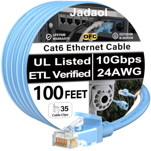 Image of Jadaol [UL Listed Cat6 Ethernet Cable 100FT with Clips 10Gbps 24AWG, Blue | 1FT 3FT 5FT 10FT 15FT 20FT 25FT 30FT 35FT 50FT 60FT 75FT 150FT 200FT RJ45 LAN Patch Cable for Router, Modem, Switch, Gaming
