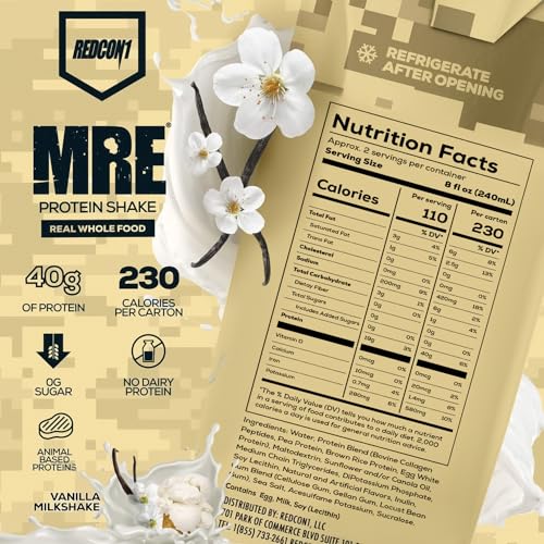 Image of REDCON1 MRE Ready to Drink Protein Shakes, Vanilla Milkshake - Protein Drinks with Whole Food Sources - Sugar Free RTD Shake Formulated to Fuel Athletes at Any Time (12 Pack)