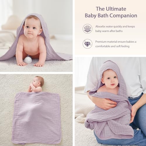 Image of Unnivoll Hooded Baby Towels for Newborn - 2 Pack, 100% Muslin Cotton, Baby Bath Towels with Hood, Soft and Absorbent for Girls Infant, Toddler and Kids, Large 32x32 Inches, Newborn Essential