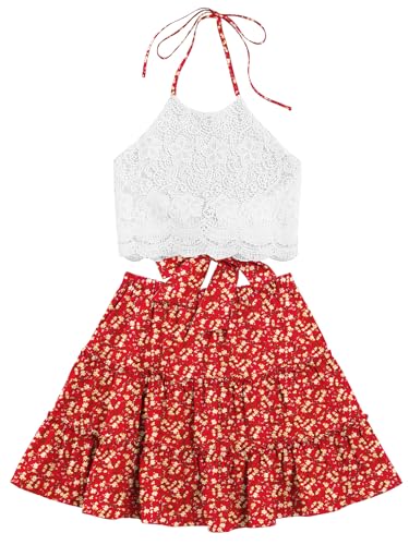 LYANER Women's 2 Piece Outfits Summer Lace Halter Cami Crop Top with Floral Mini Skirt Set