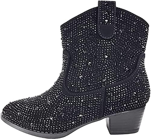 Forever Girls Rhinestone Cowboy Boots Kids Low Heel Dress Booties River-01K Black 4 | Image 2