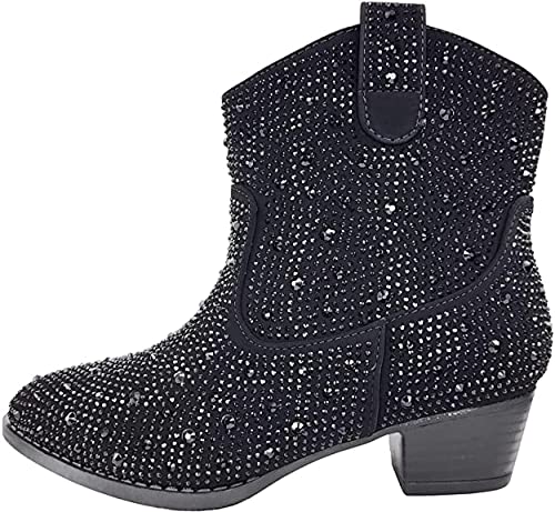 Forever Girls Rhinestone Cowboy Boots Kids Low Heel Dress Booties River-01K Black 93