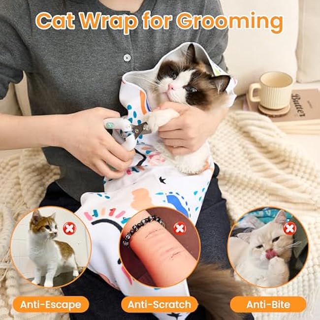 Cat Wrap for Grooming,Cat Wrap for Cutting Nails,Self-Adherent Soft Cat Blanket to Wrap,Anti-Bite,Anti-Scratch,Anti-Escape Calming Cat Swaddle Wrap (17.7 X 17.7,Within 10.61lbs)-ISSM94ul