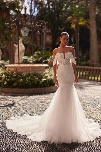 Zeeyecie Off Shoulder Tulle Wedding Dresses Mermaid Lace Applique V-Neck Sparkly Bridal Gowns with Train for Brides3