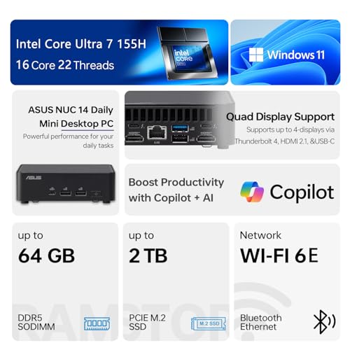Image of ASUS NUC 14 Pro AI Mini PC, Intel Ultra 7 155H Mini Desktop, 64GB DDR5 RAM, 4TB PCIe SSD, Thunderbolts, HDMI, RJ-45, Wi-Fi 6, Windows 11 Pro, Black, Support AI /8K /Gaming