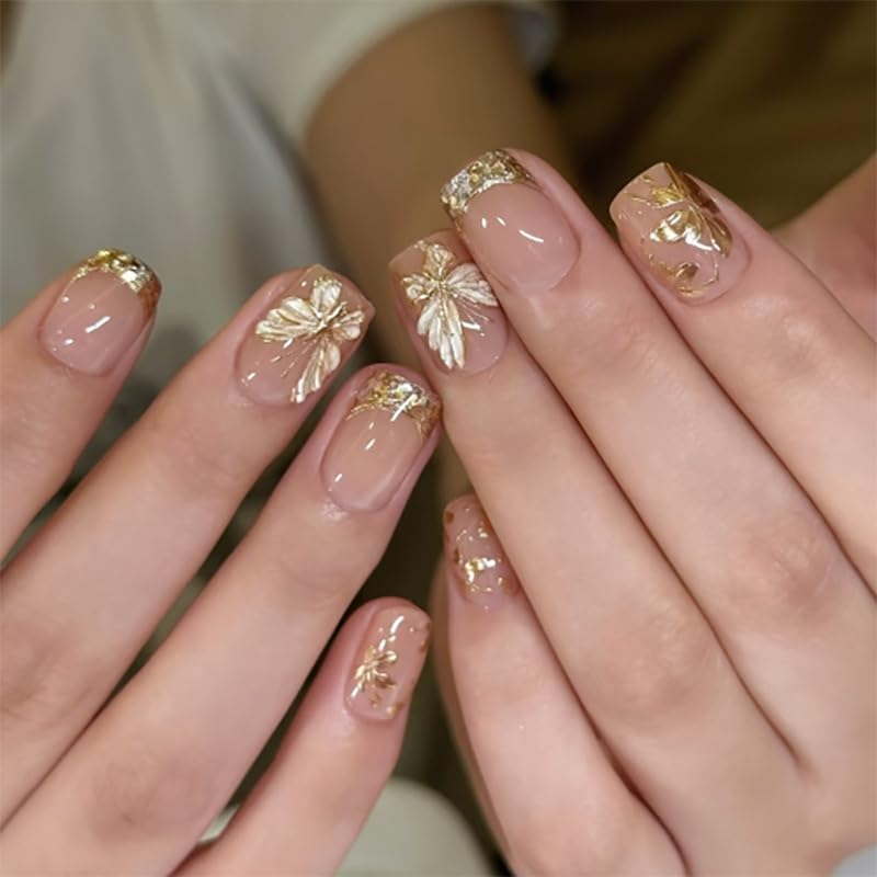 Press on Nails Short Square French Gold Fake Nails with Exquisite...
