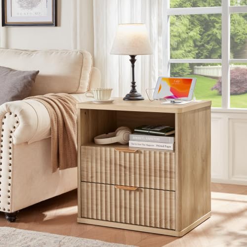 Image of LEYAOYAO Fluted Nightstand Set of 2 with Charging Station,23 inch Modern Nightstand with Wood Grain Top, 2 Drawer End Table w /Storage, BedsideTable for Bedroom, Living Room, Natural