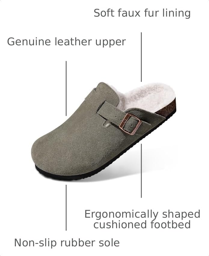 Image of KIDMI Women's Fur Lined Genuine Suede Clogs Fuzzy Cork Footbed Potato Shoes | Adjustable Metal Buckle, Non-slip Rubber Soles, Cushioning, Cozy and Warm, Supportive, Indoor, Outdoor, Winter, Casual