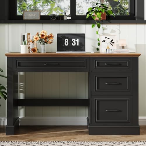 Image of Farmhouse 47 inch Executive Desk with File Drawer, Computer Desk with 4 Drawers, Workstation for Writing, Study, Home Office,Black Brown