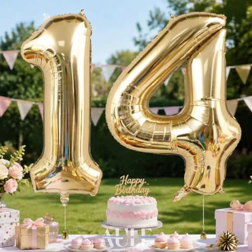 Image of AULE 40 Inch Large 14 Balloon Numbers Light Gold, Big Foil Number Balloons, Giant Helium 41 Happy Birthday Party Decorations for Man and Women, Huge Mylar Anniversary Party Supplies