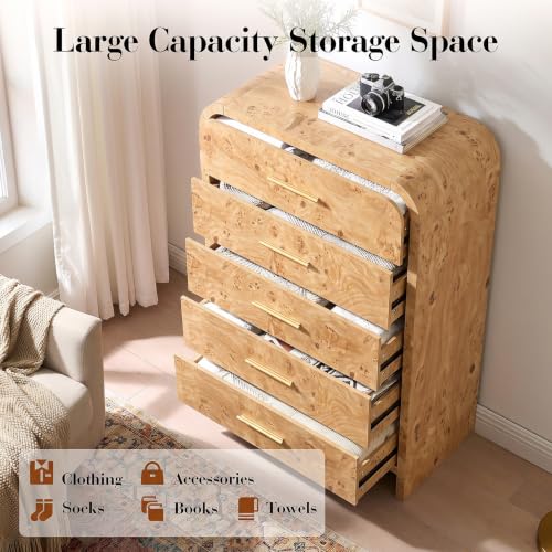Image of Curved Drawer Dresser for Bedroom with 5 Drawers, 31'' Wide Chest of Drawer