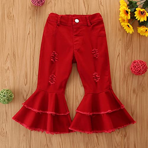 Toddler Girls Ripped Distressed Flared Jeans Kids Solid Color Denim Pants Ruffle Pants Vintage Jeans 1~6 Years (Red, 4-5 Years)2