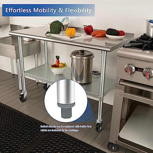 Image of HARDURA Stainless Steel Table 24 x 48 Inches with Wheels Casters NSF Heavy Duty Commercial Prep Table with 2 inch Backsplash and Adjustable Undershelf for Restaurant Kitchen Home and Hotel